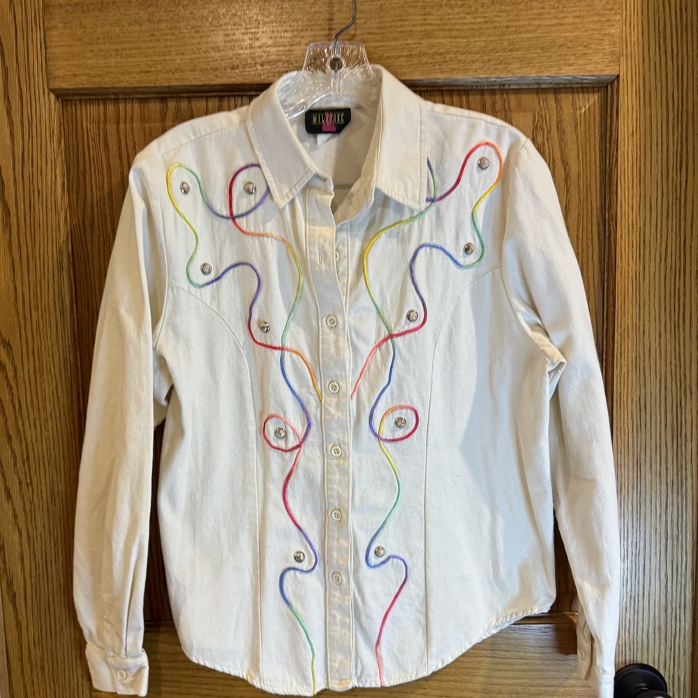 Vintage Wildfire Rainbow Embroidered Mother of Pearl Embellished Western Shirt.